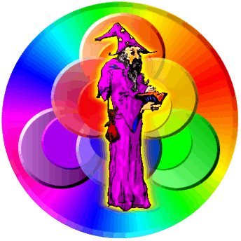 Wizard Systems, INK Logo - (Wizard holding book inside of of a circle comprised of overlaping circles in all colors of the spectrum)